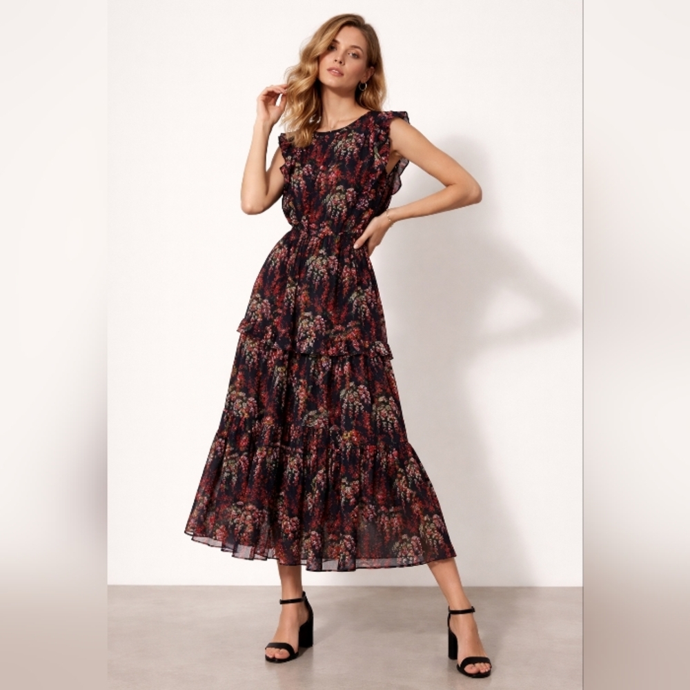 J. Crew Black, Red And Pink Rufgled Tired Sheer Lined Floral Maxi Dress